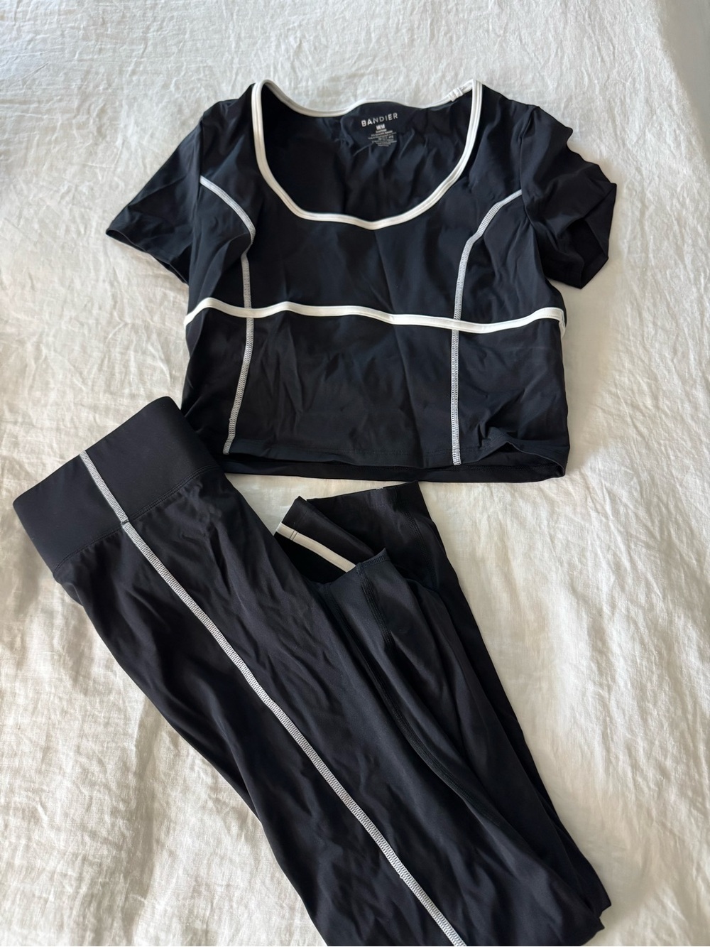 Bandier Black Crop Top & Legging Set with White Piping